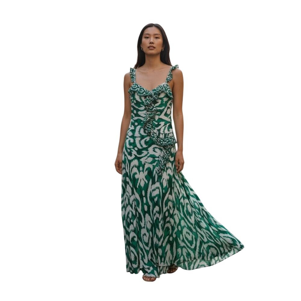 Alex Marie $218 Lima Ruffle Elegant Green Ikat Patterned Maxi Dress Size 4